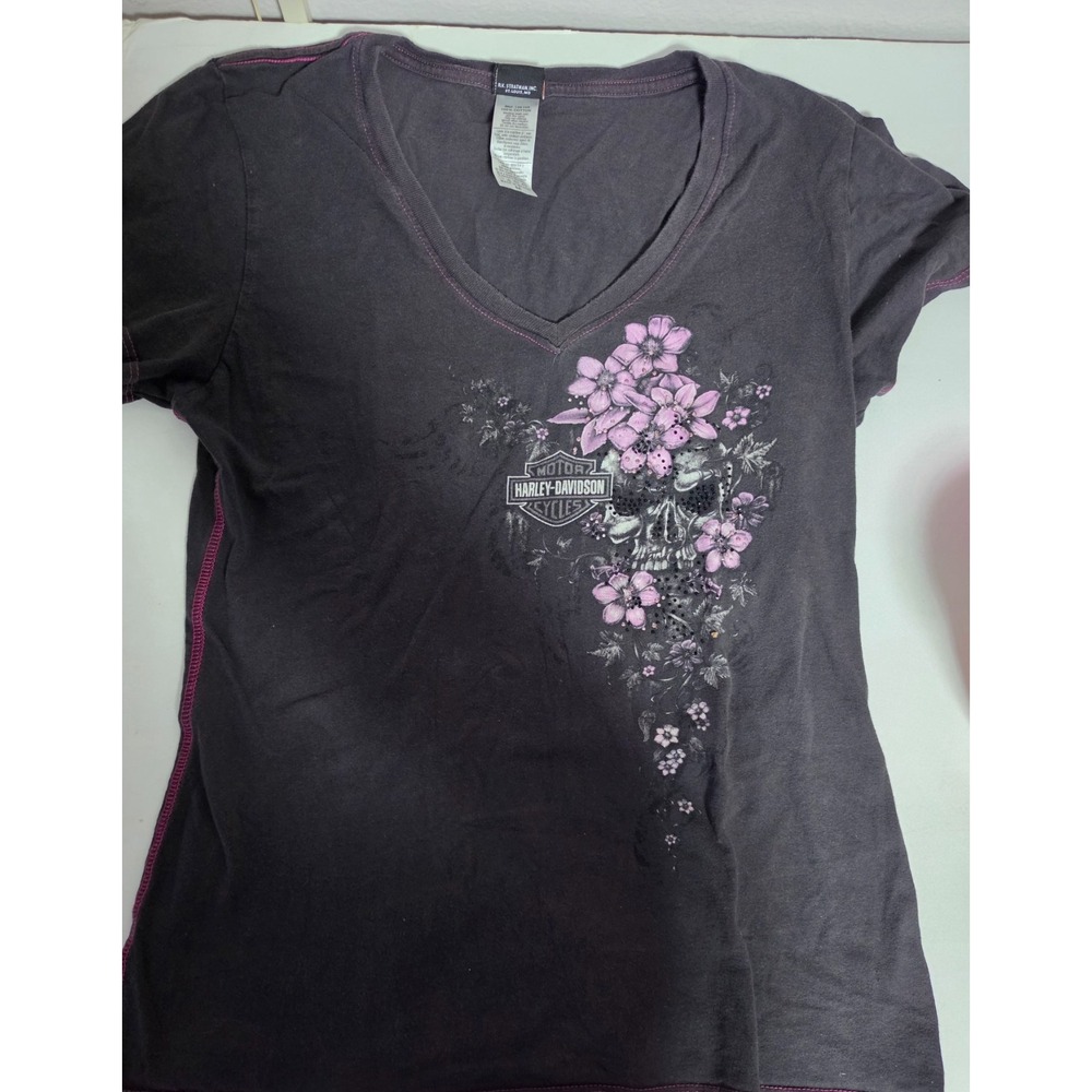 Harley Davidson Womens V Neck T Shirt Gray Pink Floral Skull Rhinestone Medium